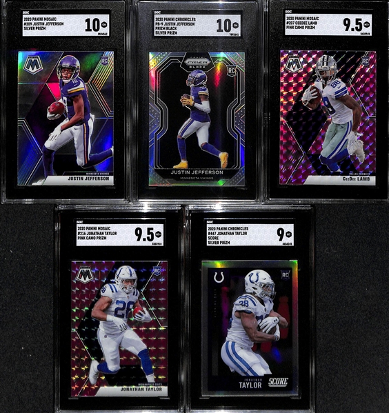 Lot of (5) 2020 Football SGC Graded Superstar Rookie Cards inc. Mosaic Justin Jefferson Silver (SGC 10), Chronicles Prizm Black Justin Jefferson Silver (SGC 10), Mosaic CeeDee Lamb Pink Camo (SGC...