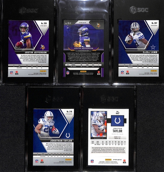 Lot of (5) 2020 Football SGC Graded Superstar Rookie Cards inc. Mosaic Justin Jefferson Silver (SGC 10), Chronicles Prizm Black Justin Jefferson Silver (SGC 10), Mosaic CeeDee Lamb Pink Camo (SGC...