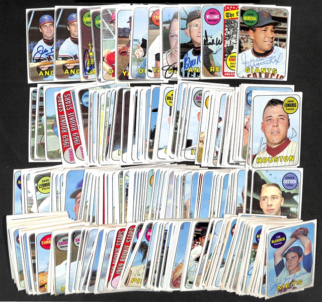 Lot of (250) Signed 1969 Topps Baseball Cards w. Marichal, Robinson, Williams, Rigney, and Bunning, + (JSA Auction Letter)