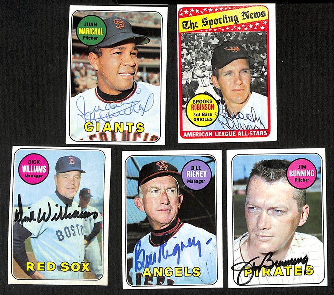 Lot of (250) Signed 1969 Topps Baseball Cards w. Marichal, Robinson, Williams, Rigney, and Bunning, + (JSA Auction Letter)