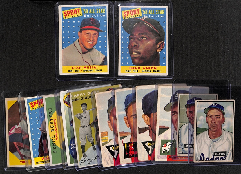  Lot of (13) 1951-1960 Baseball Cards w. 1958 Topps Hank Aaron AS & 1958 Topps Stan Musial AS