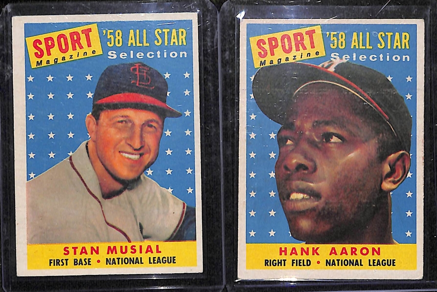  Lot of (13) 1951-1960 Baseball Cards w. 1958 Topps Hank Aaron AS & 1958 Topps Stan Musial AS