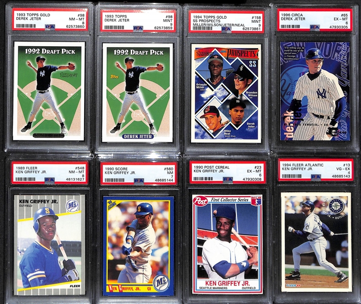 Lot of (8) PSA Graded Derek Jeter & Ken Griffey Jr Cards w. 1993 Topps Gold Derek Jeter Rookie PSA 8