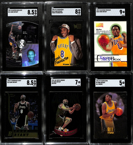 Lot of (6) SGC Graded Kobe Bryant 1996-98 Basketball Cards w. 1997-98 Upper Deck SPX SGC 8.5, 1996-97 Fleer Metal #137 Fresh Foundations SGC 8, More