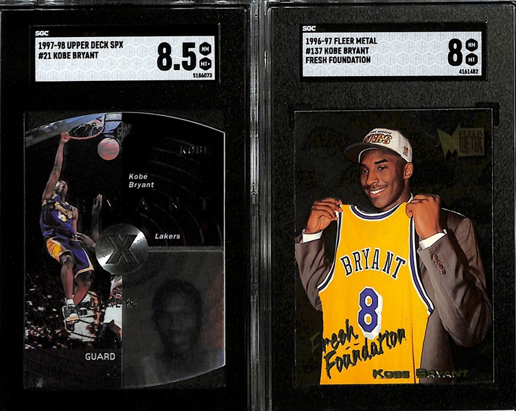 Lot of (6) SGC Graded Kobe Bryant 1996-98 Basketball Cards w. 1997-98 Upper Deck SPX SGC 8.5, 1996-97 Fleer Metal #137 Fresh Foundations SGC 8, More