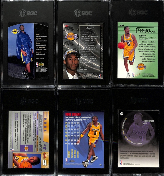 Lot of (6) SGC Graded Kobe Bryant 1996-98 Basketball Cards w. 1997-98 Upper Deck SPX SGC 8.5, 1996-97 Fleer Metal #137 Fresh Foundations SGC 8, More