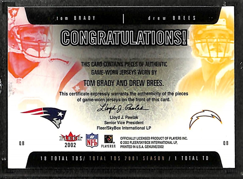 2002 Fleer Genuine TD Threats Tom Brady and Drew Brees Game Worn Relic Card