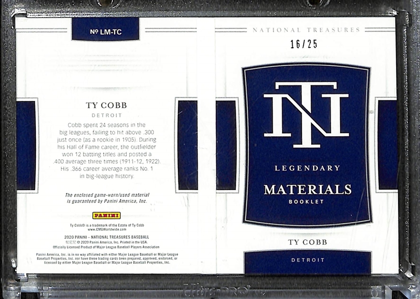 2020 National Treasures Baseball Ty Cobb Legendary Materials Bat Relic #d 16/25