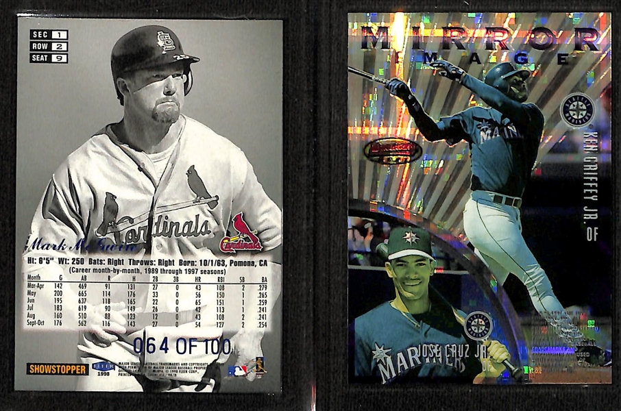 Lot of (2) Baseball Rare Inserts w. 1998 Flair Showcase Mark McGuire Legacy Collection #d /100 and 1997 Bowmans Best Mirror Image Atomic Refractor Bonds/Jones & Griffey Jr./Cruz Jr.