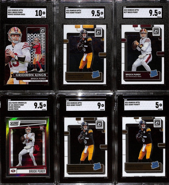 Lot of (6) Graded Brock Purdy and Kenny Pickett Football Cards w. 2022 Optic Rated Rookie SGC 9.5s