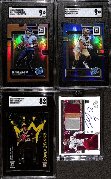 Lot of (4) 2022 Rookie Football Cards w. Panini One Jahan Dotson Patch Auto #/75, Donruss Optic Chris Olave Rookie Kings Graded SGC 8, More