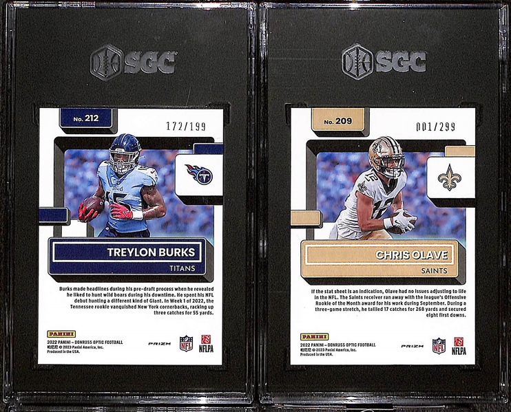 Lot of (4) 2022 Rookie Football Cards w. Panini One Jahan Dotson Patch Auto #/75, Donruss Optic Chris Olave Rookie Kings Graded SGC 8, More