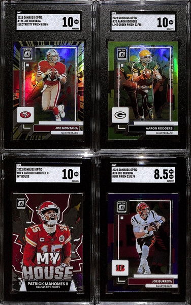 Lot of (4) 2022 Donruss Optic Football Graded Cards w. My House Patrick Mahomes SGC 10, Joe Montana Electricity Prizm #d /65 SGC 10, Aaron Rodgers Lime Green Prizm #d /35 SGC 10, +