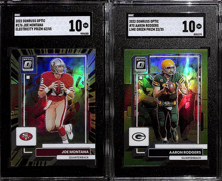 Lot of (4) 2022 Donruss Optic Football Graded Cards w. My House Patrick Mahomes SGC 10, Joe Montana Electricity Prizm #d /65 SGC 10, Aaron Rodgers Lime Green Prizm #d /35 SGC 10, +