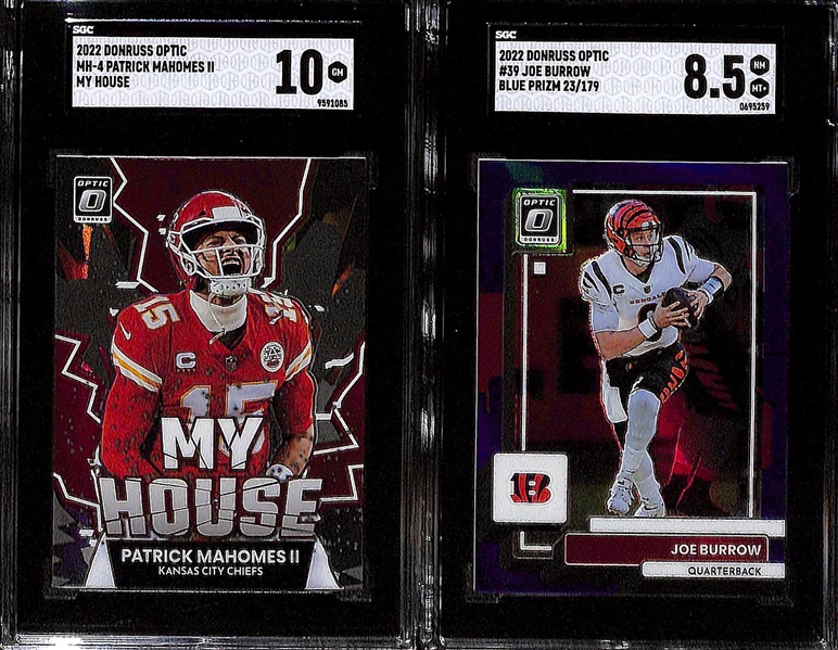 Lot of (4) 2022 Donruss Optic Football Graded Cards w. My House Patrick Mahomes SGC 10, Joe Montana Electricity Prizm #d /65 SGC 10, Aaron Rodgers Lime Green Prizm #d /35 SGC 10, +