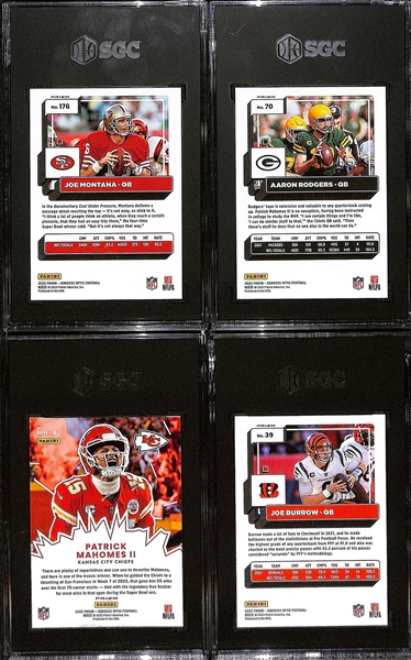 Lot of (4) 2022 Donruss Optic Football Graded Cards w. My House Patrick Mahomes SGC 10, Joe Montana Electricity Prizm #d /65 SGC 10, Aaron Rodgers Lime Green Prizm #d /35 SGC 10, +