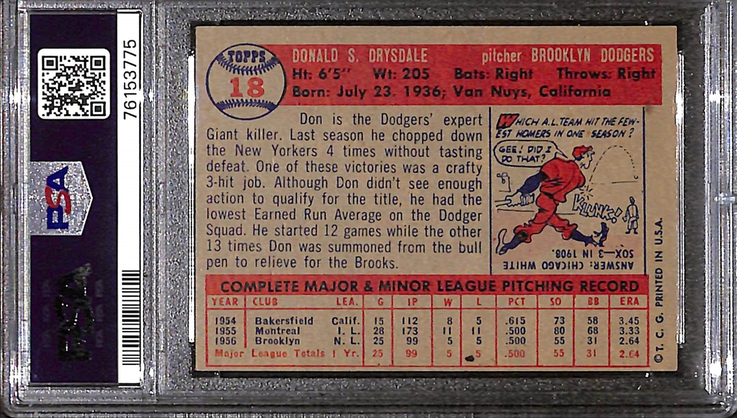 1957 Topps Don Drysdale Signed Rookie Card #18 Graded PSA 5 (Autograph Grade 8)