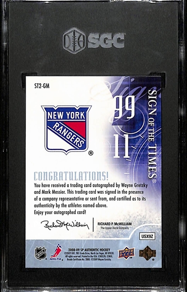 2008-09 Upper Deck SP Authentic Wayne Gretzky & Mark Messier Dual Autograph Sign of the Times Card Graded SGC 8.5 