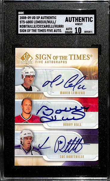 2008-09 Upper Deck SP Authentic Mario Lemieux, Bobby Hull, Luc Robitaille, Dino Ciccarelli, Jari Kurri 5-Autograph Sign of the Times Card Graded SGC Authentic (Auto Grade 10)