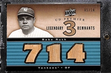 RARE 2008 Babe Ruth UD Premier Triple Game-Used Bat Relic Card (Legendary Remnants) Numbered #5/10 (The Card Contains 3 Babe Ruth MLB Game-Used Bat Relics)