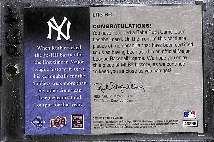 RARE 2008 Babe Ruth UD Premier Triple Game-Used Bat Relic Card (Legendary Remnants) Numbered #5/10 (The Card Contains 3 Babe Ruth MLB Game-Used Bat Relics)