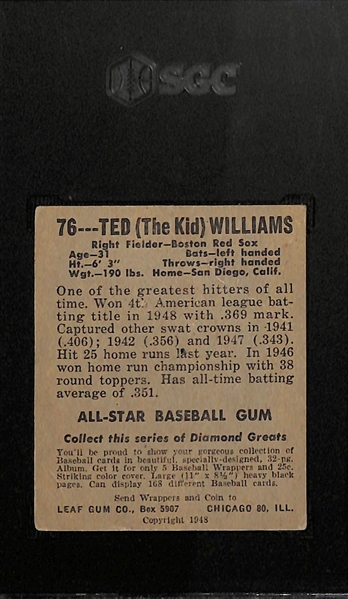 1948-49 Leaf Gum Co. Ted Williams #76 Graded SGC 1 (Great Eye Appeal)