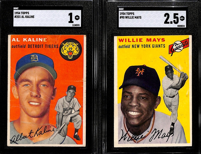 (2) 1954 Topps Cards - Al Kaline Rookie #201 (SGC 1) & Willie Mays #90 (SGC 2.5)