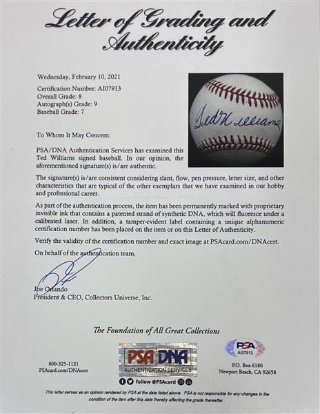 Ted Williams Signed Official AL Baseball (Full PSA/DNA Letter w. 9 Autograph Grade!)