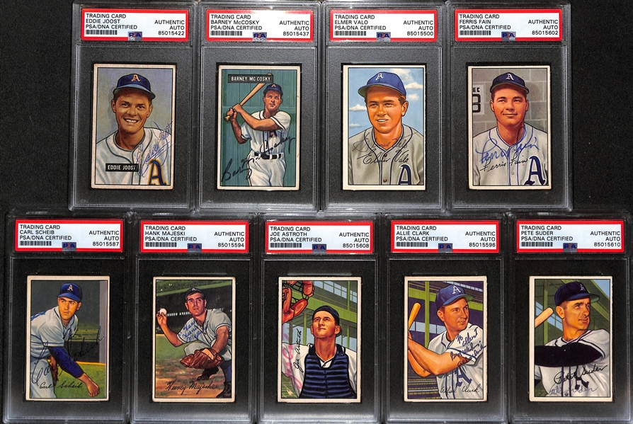 (9) 1951 & 1952 Bowman Signed Philadelphia A's Cards w. Eddie Joost, Barney McCosky, Elmer Valo, Ferris Fain, Carl Scheib, Hank Majeski, Joe Astroth, Allie Clark, and Pete Suder. (PSA/DNA Certified)