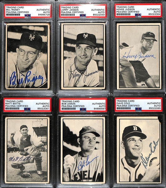 (6) Signed 1953 Bowman B&W Cards (PSA/DNA Slabbed) - Bill Rigney, Larry Jansen, Howie Judson, Matt Batts, Bob Lemon, Dave Cole