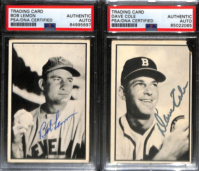 (6) Signed 1953 Bowman B&W Cards (PSA/DNA Slabbed) - Bill Rigney, Larry Jansen, Howie Judson, Matt Batts, Bob Lemon, Dave Cole