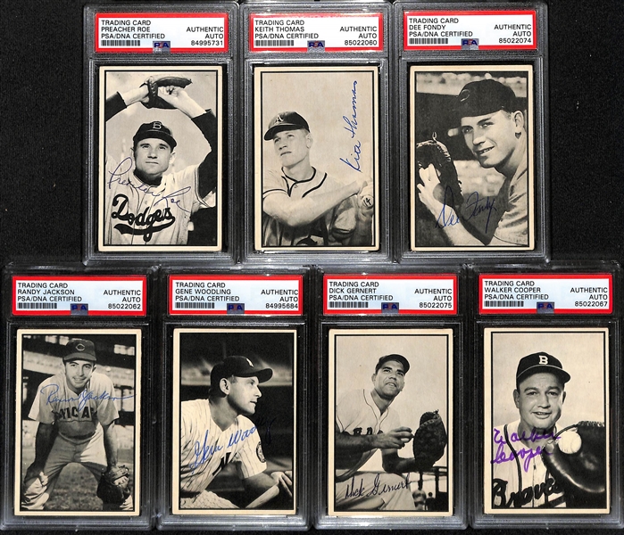 (7) Signed 1953 Bowman B&W Cards (PSA/DNA Slabbed) - Preacher Roe, Keith Thomas, Dee Fondy, Randy Jackson, Gene Woodling, Dick Gernert, Walker Cooper