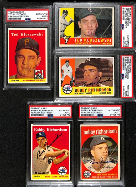 (5) Signed Cards - (2) Ted Kluszewski (1958 & 1960 Topps) & (3) Bobby Richardson (1958, 1959, 1960) - All PSA/DNA Slabbed