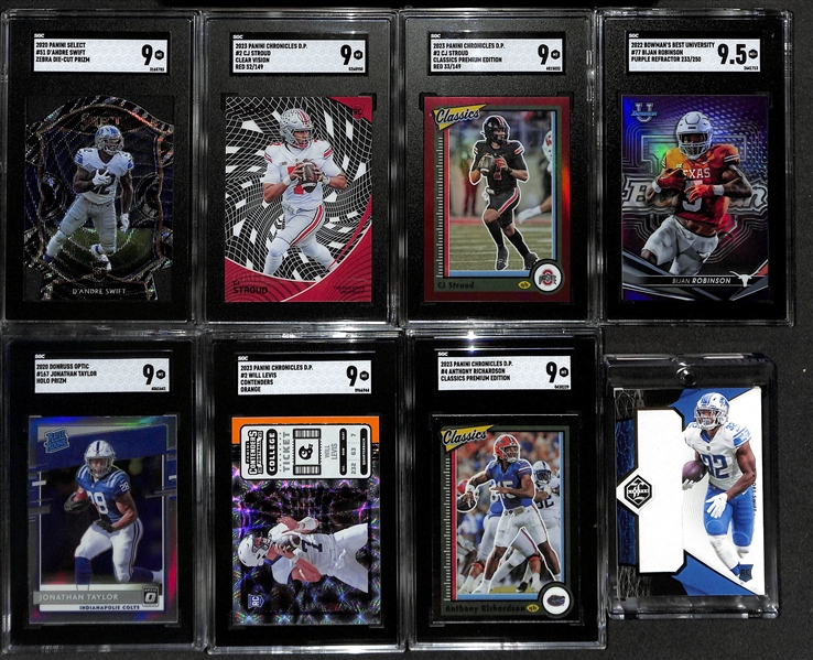 Lot of (8) Mostly SGC Graded NFL Rookie Cards inc D'Andre Swift Select Zebra Die Cut Rookie (SGC 9), CJ Stroud Clear Vision Rookie Red (#/149) (SGC 9), +