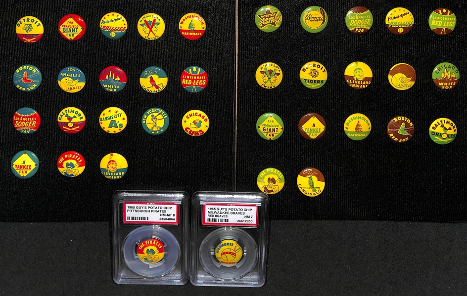 (20) 1965 & (17) 1966 Guy's Potato Chip MLB Team Pins w. 1965 Pirates PSA 8 & Braves PSA 7