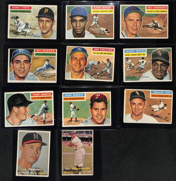 (11) Topps Baseball Cards - Inc. (9) 1956 (O'Brien, Baker, Schoendienst, Hodges, Collins, Minoso, Martin, Roberts, Fox) & (2) 1957 (Mathews, Campanella)