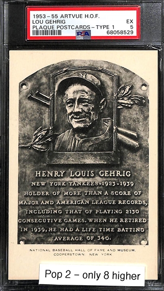 1953-55 Artvue HOF Lou Gehrig Plaque Postcard (Type 1) Graded PSA 5 (Pop 2 - Only 8 Graded Higher)