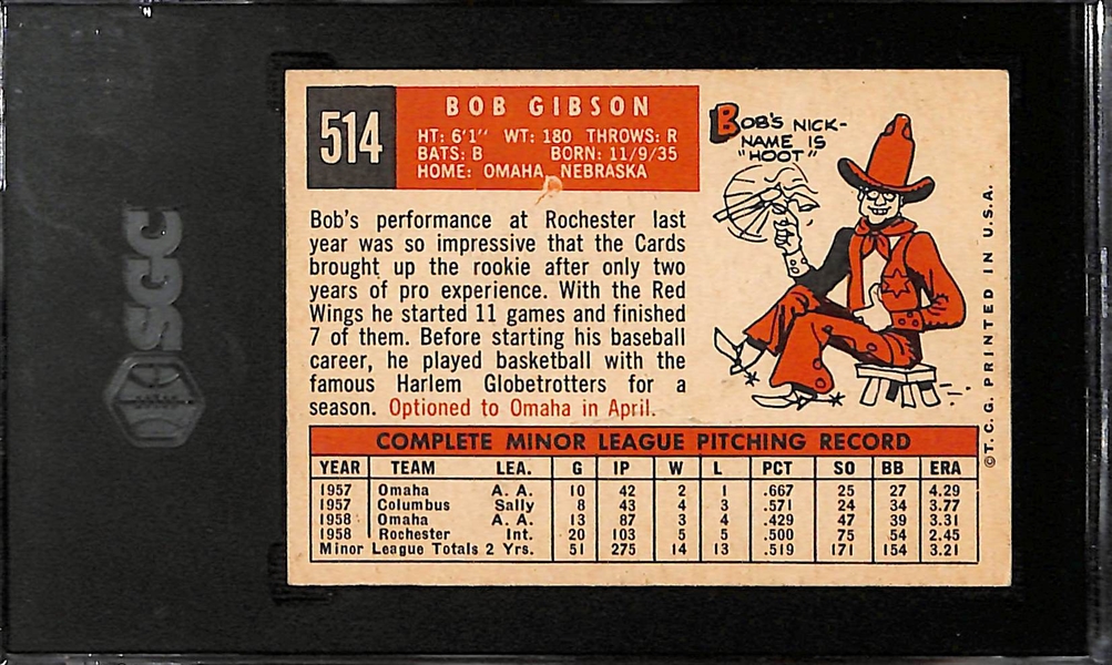 1959 Topps Bob Gibson #514 Rookie Card Graded SGC 2.5