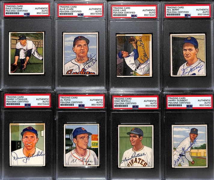 (8) 1950 Bowman Signed Cards w. Coogan, Clark, Lake, Berry, Litwhiler, Papai, Restelli, and Gumbert (PSA/DNA Certified) 