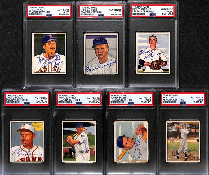 (7) 1950 Bowman Signed Cards w. Al Kozar, Lou Stringer, Fred Sanford, Mickey Haefner, Jack Graham, Hank Edwards, and Floyd Baker (PSA/DNA Authentic) 