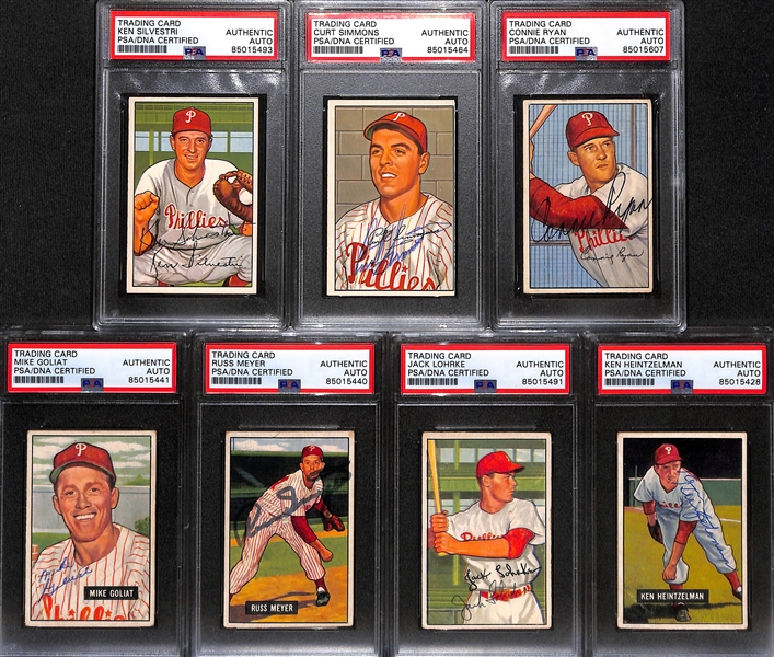 (7) 1951 & 1952 Bowman Signed Phillies Cards w. Ken Silvestri, Curt Simmons, Connie Ryan, Mike Goliat, Russ Meyer, Jack Lohrke, and Ken Heintzelman (PSA/DNA Certified)