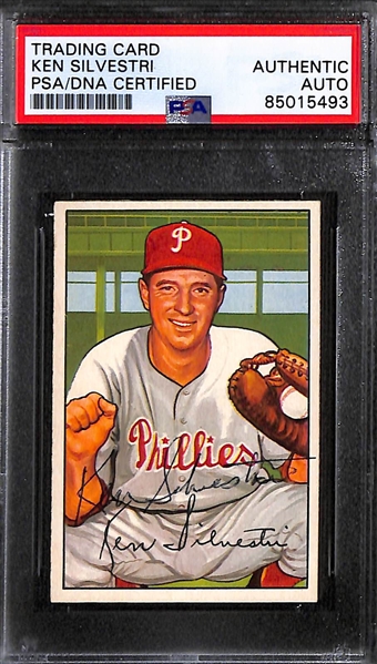 (7) 1951 & 1952 Bowman Signed Phillies Cards w. Ken Silvestri, Curt Simmons, Connie Ryan, Mike Goliat, Russ Meyer, Jack Lohrke, and Ken Heintzelman (PSA/DNA Certified)