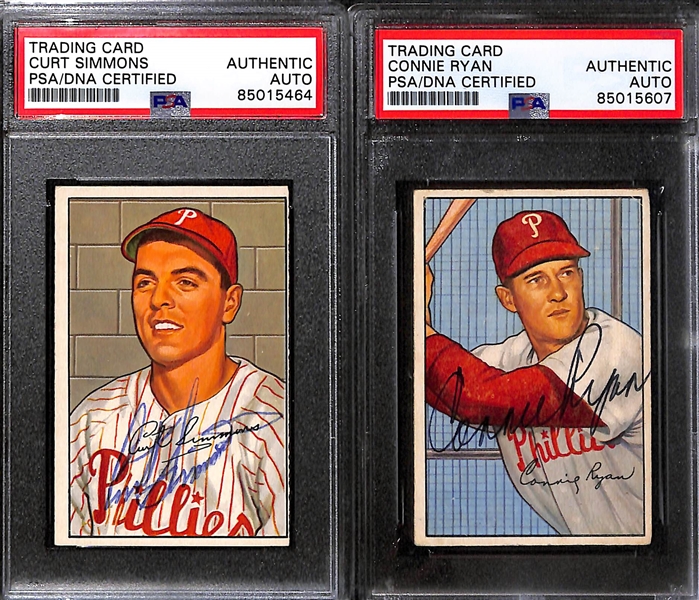 (7) 1951 & 1952 Bowman Signed Phillies Cards w. Ken Silvestri, Curt Simmons, Connie Ryan, Mike Goliat, Russ Meyer, Jack Lohrke, and Ken Heintzelman (PSA/DNA Certified)