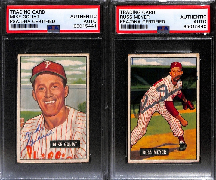 (7) 1951 & 1952 Bowman Signed Phillies Cards w. Ken Silvestri, Curt Simmons, Connie Ryan, Mike Goliat, Russ Meyer, Jack Lohrke, and Ken Heintzelman (PSA/DNA Certified)