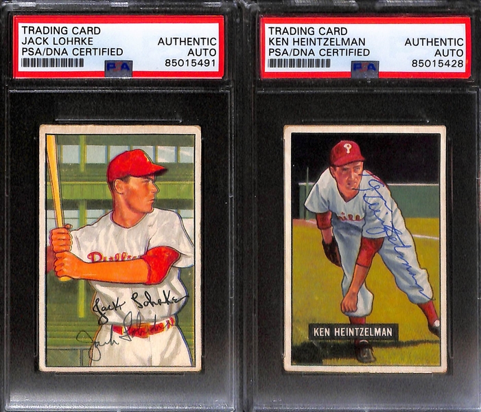 (7) 1951 & 1952 Bowman Signed Phillies Cards w. Ken Silvestri, Curt Simmons, Connie Ryan, Mike Goliat, Russ Meyer, Jack Lohrke, and Ken Heintzelman (PSA/DNA Certified)