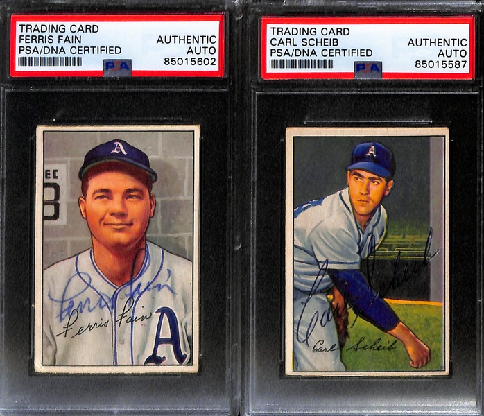 (9) 1951 & 1952 Bowman Signed Philadelphia A's Cards w. Eddie Joost, Barney McCosky, Elmer Valo, Ferris Fain, Carl Scheib, Hank Majeski, Joe Astroth, Allie Clark, and Pete Suder. (PSA/DNA Certified)