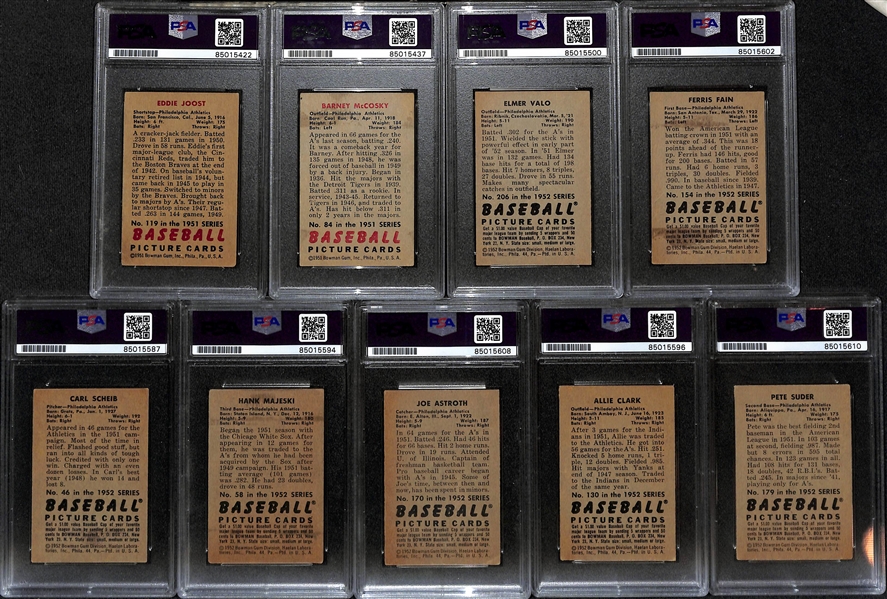 (9) 1951 & 1952 Bowman Signed Philadelphia A's Cards w. Eddie Joost, Barney McCosky, Elmer Valo, Ferris Fain, Carl Scheib, Hank Majeski, Joe Astroth, Allie Clark, and Pete Suder. (PSA/DNA Certified)