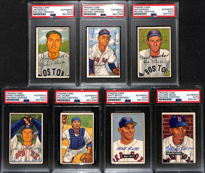 (7) 1951 & 1952 Bowman Signed Boston Red Sox Cards w. Jim Piersall, Walt Materson, Gus Niarhos, Randy Gumpert, Del Wilber, Matt Batts, and Willard Nixon. (PSA/DNA Certified) 