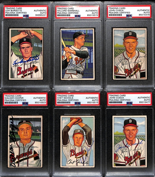 (6) 1952 Bowman Signed Boston Braves Cards w. Lew Burdette, Willard Marshall, John Cusick, Walker Cooper, Chet Nichols, and John Cusick. (PSA/DNA Authentic)