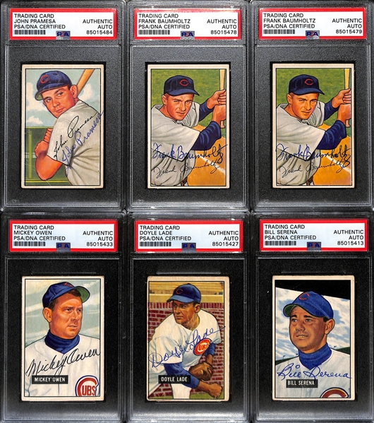 (6) 1951 & 1952 Bowman Signed Chicago Cubs Cards w. John Pramesa, (2) Frank Braumholtz, Mickey Owen, Doyle Lade, and Bill Serena. (PSA/DNA Certified) 